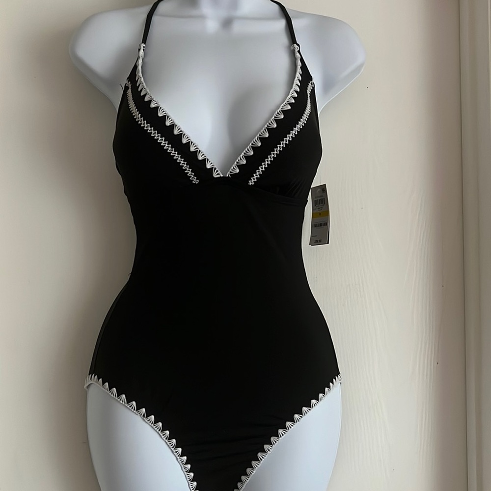 Black one piece swim suit with tie up back